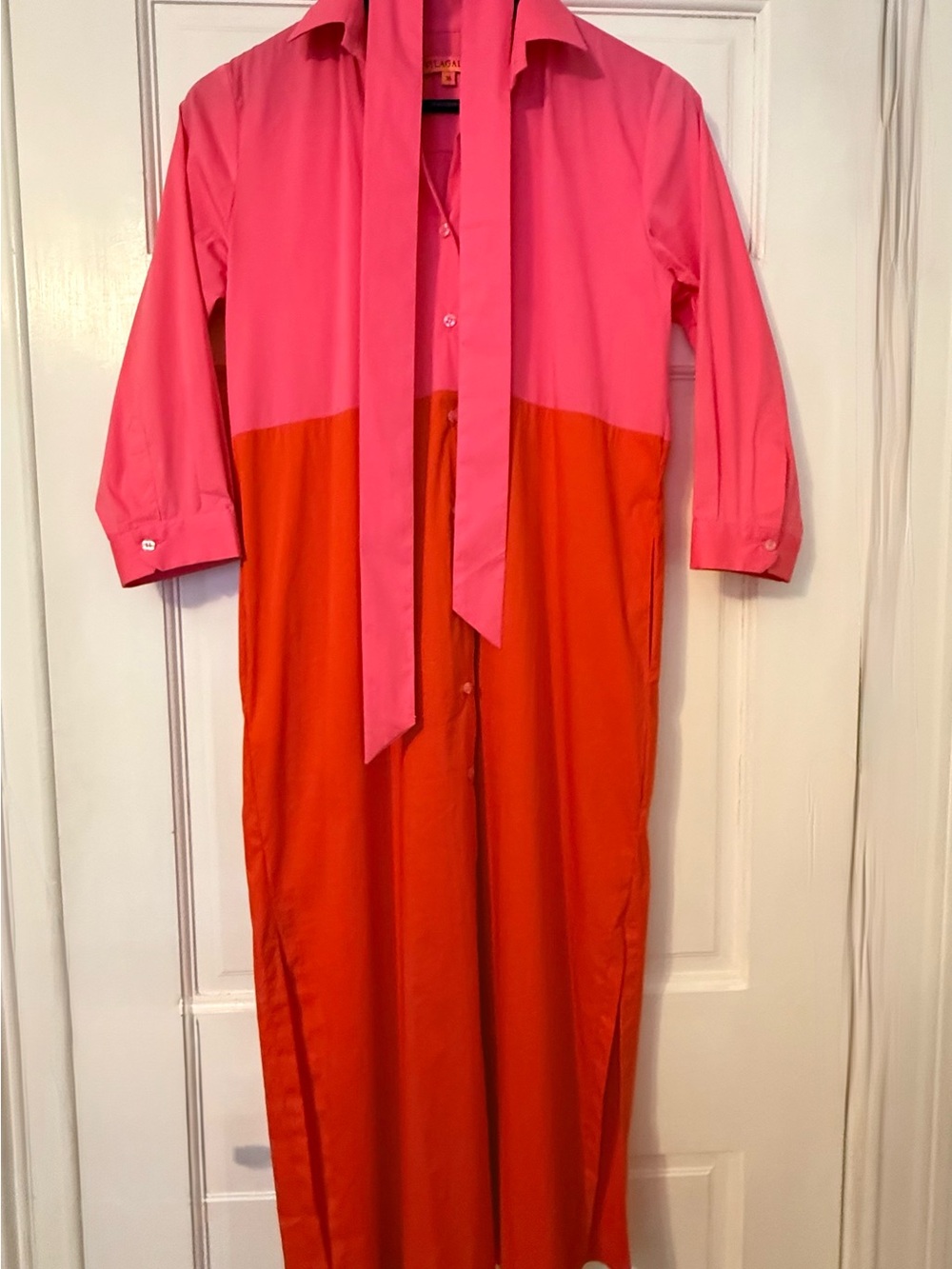 Vilagallo Pink and Orange Long Sleeve Colorblock Shirt Dress